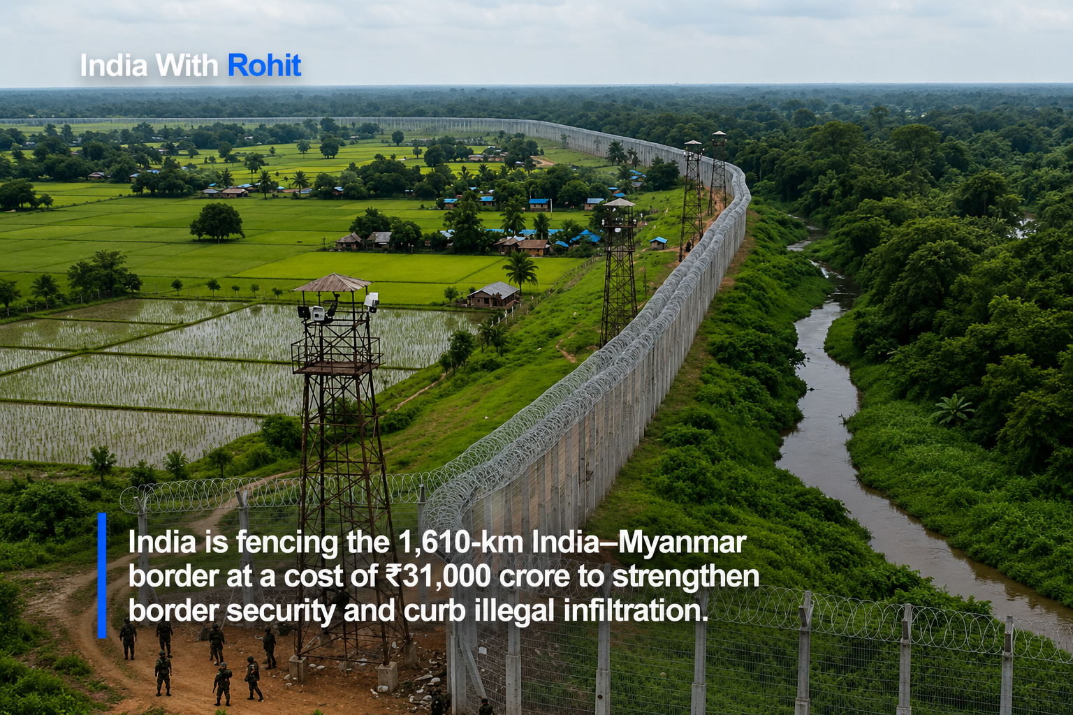 India is fencing the 1,610-km India-Myanmar border at a cost of ₹31,000 crore to strengthen border security and curb illegal infiltration.