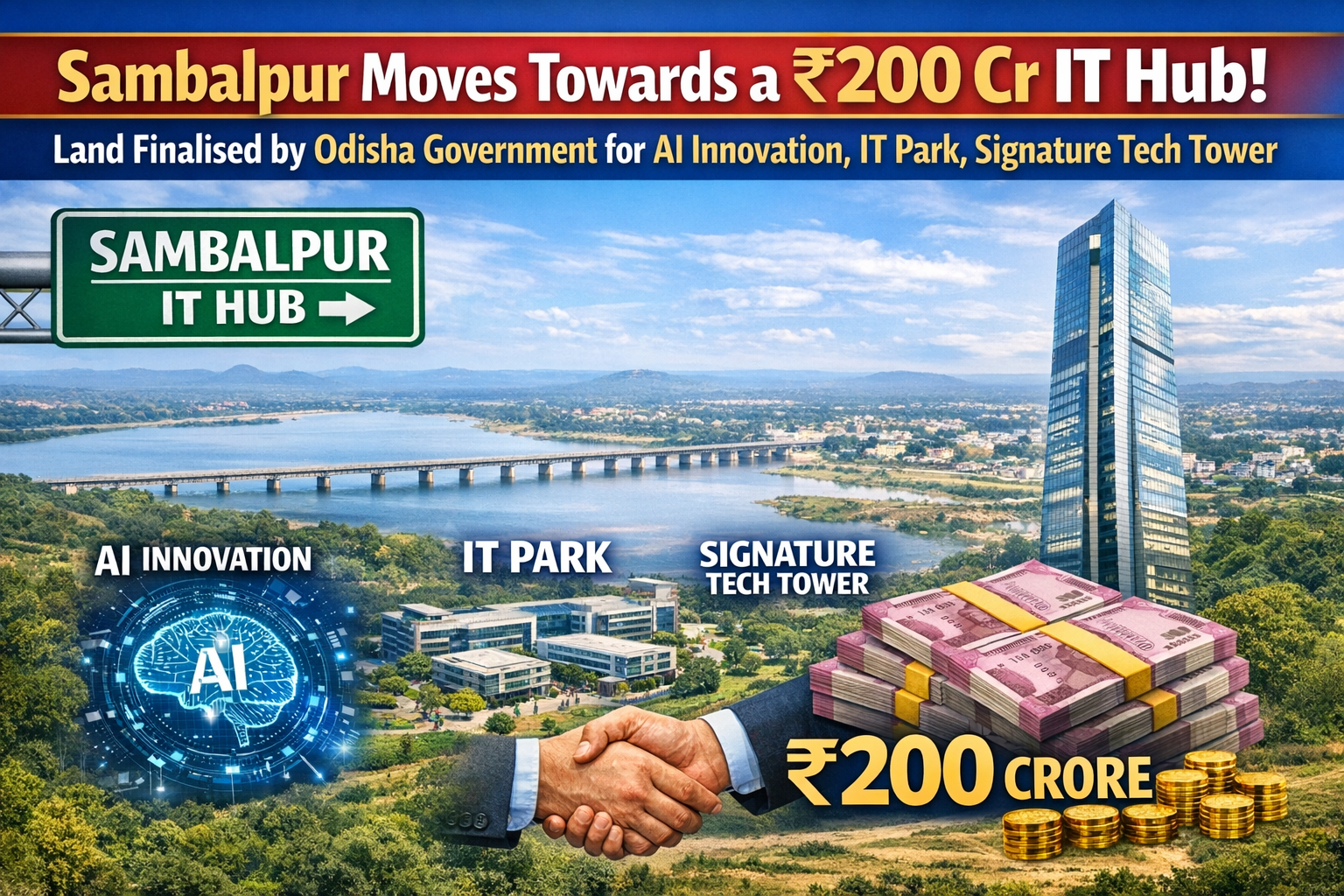 Sambalpur moves towards a ₹200 Cr IT Hub. Land has been finalised by #odisha government for Ai Innovation, IT Park, Signature tech tower. 